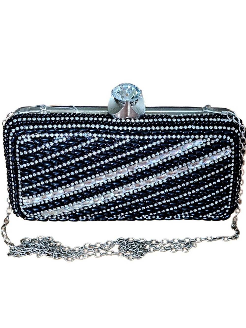 New Black Beaded Rhinestone Crystal Top Chain Strap Evening Bag